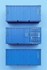 Poster - Three blue shipping containers stacked on top of each other. Ideal for industrial and transportation concepts