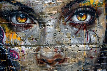 Poster - A captivating painting featuring a womans face with piercing yellow eyes, evoking a sense of mystery and intrigue