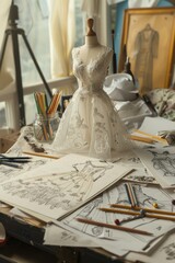 Poster - A mannequin sitting on a table covered in drawings. Suitable for art and design concepts