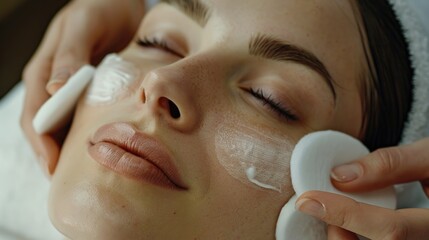 Poster - A woman with a towel on her head applying a cream on her face. Suitable for beauty and skincare concepts