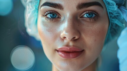 Poster - Close up of a person wearing a surgical hat, suitable for medical concepts