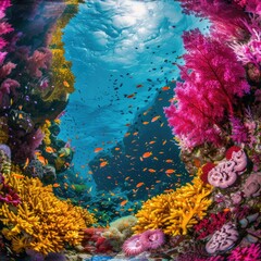 Aufkleber - Vibrant coral reef teeming with colorful fish. Great for marine life concepts