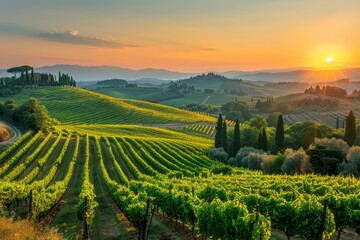 Aufkleber - As the sun sets over the hills, its golden light bathes the vineyard in a warm glow, casting long shadows and creating a serene atmosphere