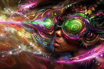 Poster - A womans face adorned with intricate futuristic designs, blending ancient aesthetics with modern technology in a captivating display of artistry