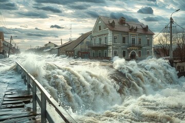 Poster - A large waterfall of water in front of a building. Suitable for architectural and nature concepts