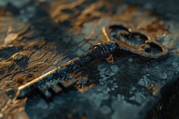 Poster - Metal key laying on a rock surface, suitable for various concepts and designs