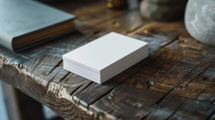 Poster - A stack of white cards on a wooden table. Suitable for various concepts