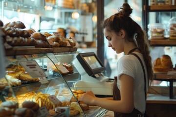 Poster - A woman standing in front of a bakery counter, suitable for food and small business concepts