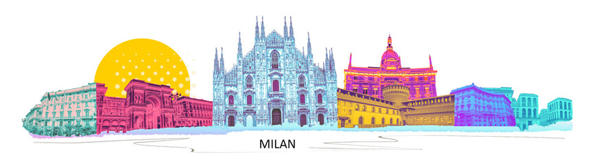 Wall Mural - Photo collage from Milan, Italy. Collage includes major landmarks like the castle, cathedral. design