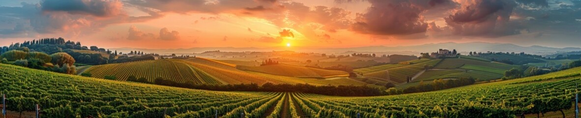 Aufkleber - sunset casting a warm glow over a sprawling vineyard, with rows of grapevines basking in the fading light