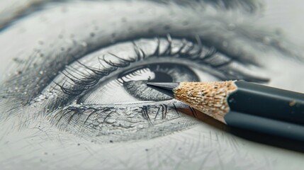 Wall Mural - Close up of a pencil and a drawing of an eye. Suitable for art and creativity concepts