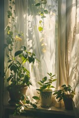 Fototapete - A collection of potted plants on a window sill. Ideal for home decor and gardening concepts