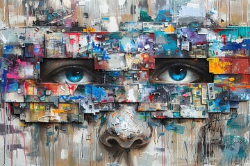 Poster - A captivating painting featuring a face with stunning blue eyes, radiating a sense of mystery and intrigue