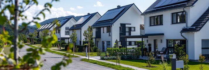 Wall Mural - A row of charming houses adorned with solar panels on their roofs, harnessing the power of the sun to generate sustainable energy