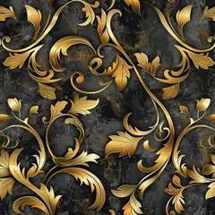 Poster - Elegant black wallpaper with shimmering gold floral pattern. Ideal for luxury home decor