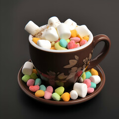 Wall Mural - Cup of hot chocolate with marshmallows on black background.