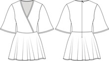 V Neck Kimono Bell Sleeve Half Short 3/4 Sleeve Zippered Mini A Line Dress Flared Template Technical Drawing Flat Sketch Cad Mockup Fashion Woman Design Style Model
