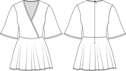 Wall Mural - v neck kimono bell sleeve half short 3/4 sleeve zippered mini a line dress flared template technical drawing flat sketch cad mockup fashion woman design style model
