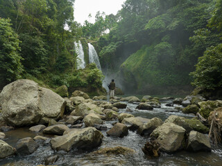 Wall Mural - A man explores the tropical rainforests to find a waterfall