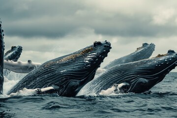 Sticker - A group of humpback whales jumping out of the water. Perfect for nature and wildlife enthusiasts