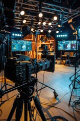 Poster - Professional camera set up on tripod in recording studio. Ideal for music production or video recording projects