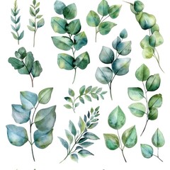 Poster - Watercolor illustration of green leaves and branches. Perfect for nature-themed designs