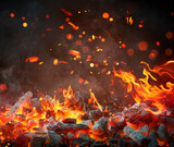 Fototapeta Sypialnia - Charcoal For Barbecue Background - Hot Flames And Abstract Defocused Sparks
