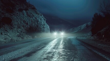 Wall Mural - A car driving down a road at night. Perfect for travel blogs or road trip advertisements