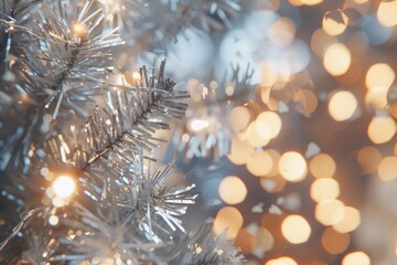 Poster - Close up of a Christmas tree with lights in the background. Suitable for holiday and festive concepts