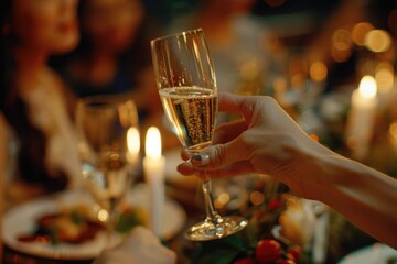 Poster - A person holding a glass of wine at a dinner table. Perfect for wine tasting events or fine dining promotions