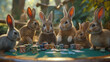 Funny rabbits friends playing a poker game at a table