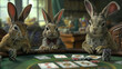 Funny rabbits friends playing a poker game at a table