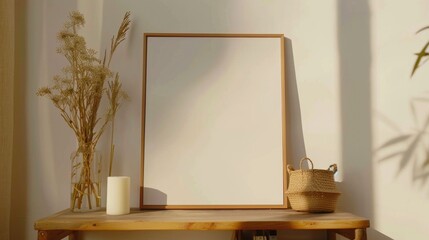 Poster - A picture frame resting on a wooden table. Suitable for home decor concepts