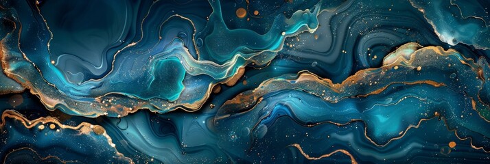 Poster - Swirling blue and gold hues blend and contrast in an abstract painting, creating a mesmerizing dance of colors that evoke a sense of celestial harmony