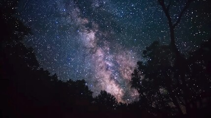 Poster - Night sky filled with stars and trees, suitable for nature backgrounds