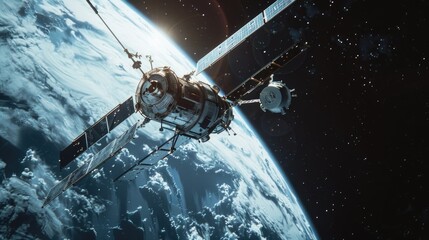 Poster - A view of the earth from space with a satellite in the foreground. Ideal for science and technology concepts
