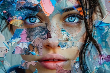 Poster - A womans face is adorned with a mesmerizing collage of blue eyes, creating a stunning and captivating visual display