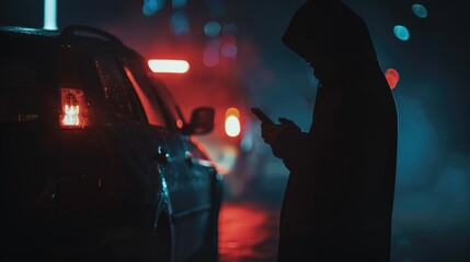Poster - A man in a hoodie looking at his cell phone. Suitable for technology concepts