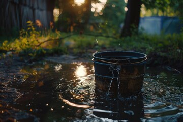 Canvas Print - A bucket sitting in a puddle of water. Suitable for various concepts and designs