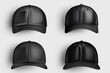 Set of four black baseball caps, perfect for sports or fashion projects