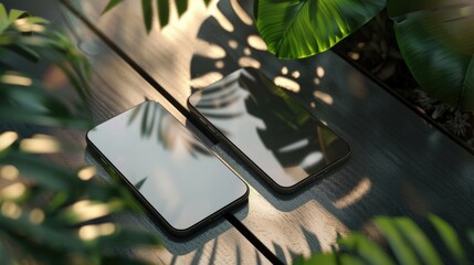 Aufkleber - Two modern cell phones on a rustic wooden table. Suitable for technology and communication concepts