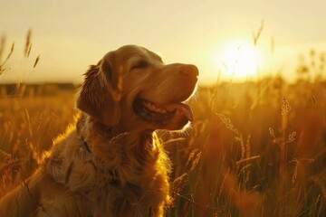 Poster - A dog sitting peacefully in a field of tall grass. Suitable for pet and nature themes