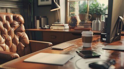 Aufkleber - A simple composition of a coffee cup and cell phone on a desk. Suitable for business or technology concepts
