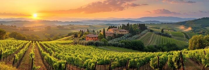 Aufkleber - The radiant sun dips below the horizon, casting a warm glow over the vineyard nestled in the hills, creating a stunning silhouette of the vines and the landscape Tuscany, Italy 