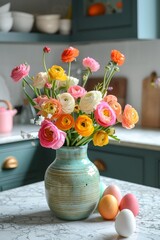 Poster - A vibrant vase overflows with a variety of colorful flowers, creating a lively centerpiece on top of a wooden table