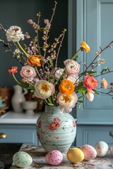 Aufkleber - A vibrant vase holds a lush arrangement of colorful flowers, nestled alongside a delicate collection of eggs on a wooden table
