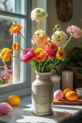 Poster - A vibrant vase overflows with an array of colorful flowers in shades of red, yellow, pink, purple, and orange, creating a stunning and lively display