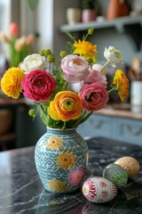 Aufkleber - A beautiful vase filled with colorful flowers resting gracefully on a wooden table