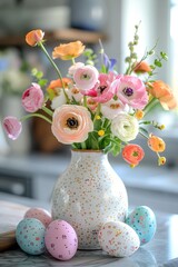 Poster - A colorful vase filled with a variety of flowers and Easter eggs displayed on a wooden table, creating a vibrant and festive centerpiece
