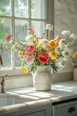 Poster - A white vase overflows with a vibrant array of flowers, showcasing a lively burst of color and beauty